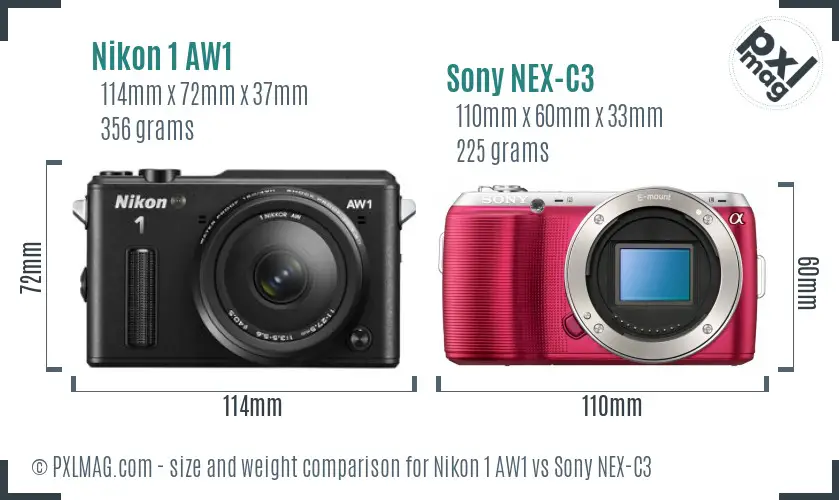 Nikon 1 AW1 vs Sony NEX-C3 size comparison