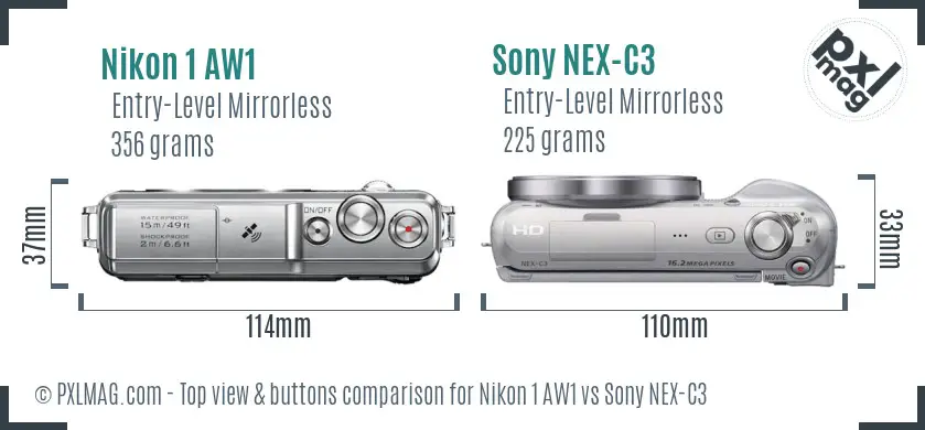 Nikon 1 AW1 vs Sony NEX-C3 top view buttons comparison