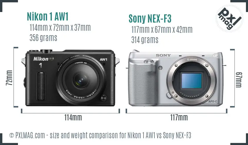 Nikon 1 AW1 vs Sony NEX-F3 size comparison