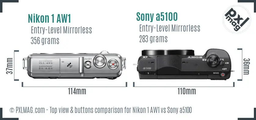 Nikon 1 AW1 vs Sony a5100 top view buttons comparison
