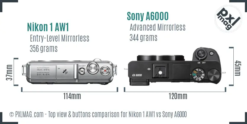 Nikon 1 AW1 vs Sony A6000 top view buttons comparison