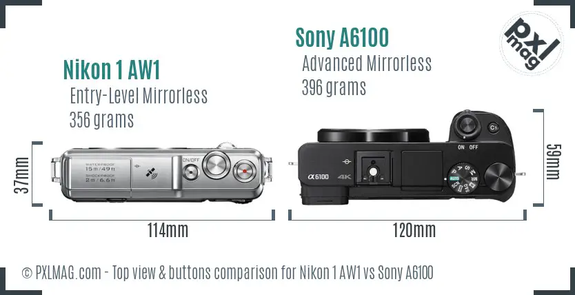 Nikon 1 AW1 vs Sony A6100 top view buttons comparison