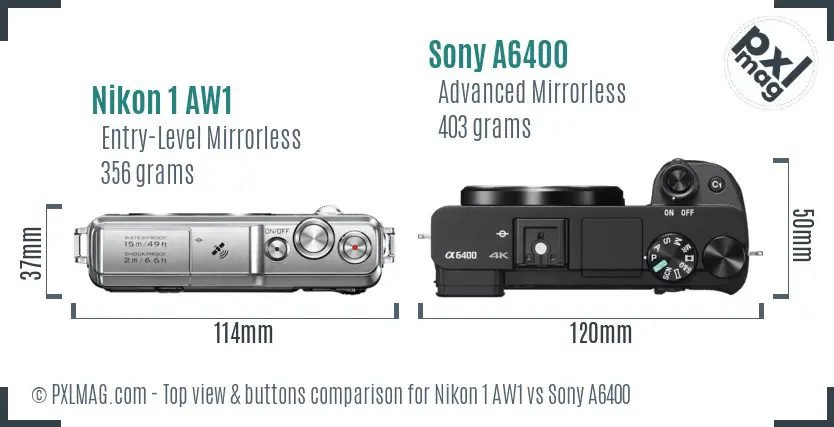 Nikon 1 AW1 vs Sony A6400 top view buttons comparison