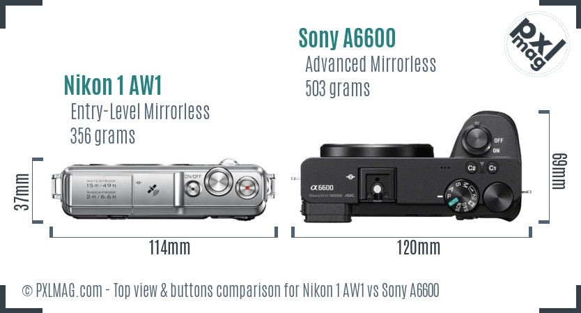 Nikon 1 AW1 vs Sony A6600 top view buttons comparison