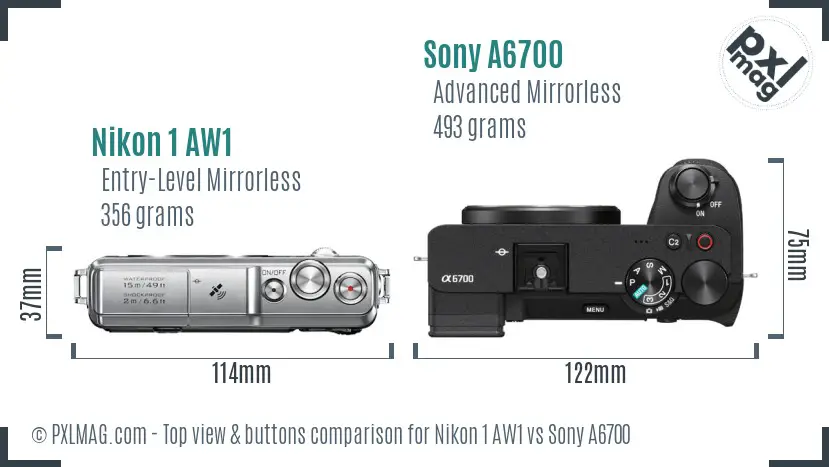 Nikon 1 AW1 vs Sony A6700 top view buttons comparison