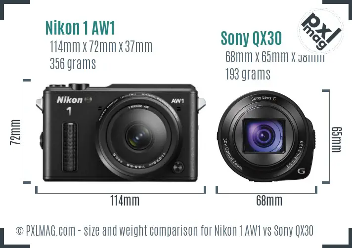 Nikon 1 AW1 vs Sony QX30 size comparison