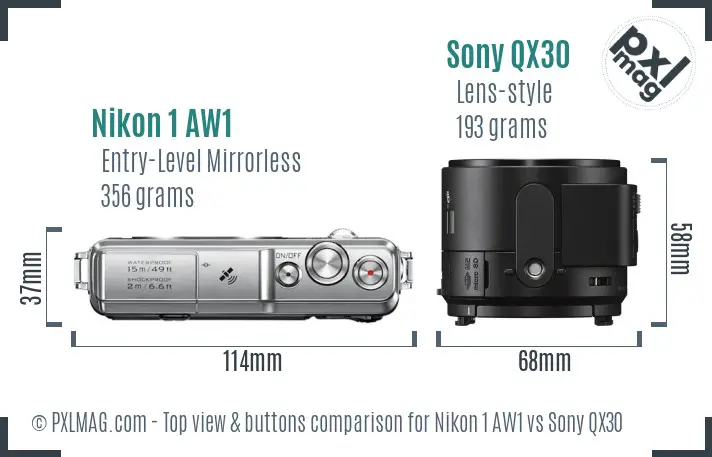 Nikon 1 AW1 vs Sony QX30 top view buttons comparison