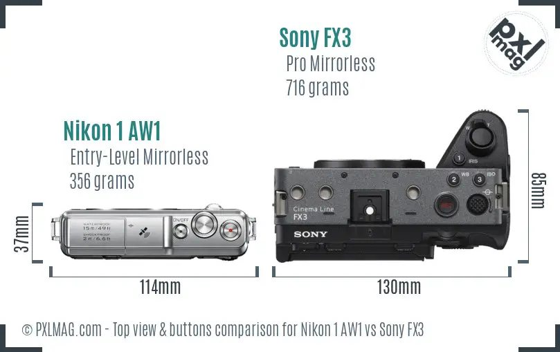 Nikon 1 AW1 vs Sony FX3 top view buttons comparison