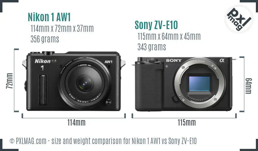 Nikon 1 AW1 vs Sony ZV-E10 size comparison