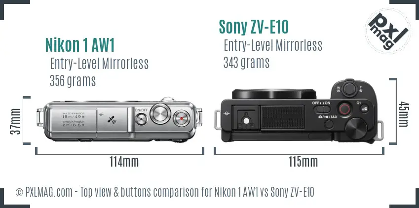 Nikon 1 AW1 vs Sony ZV-E10 top view buttons comparison