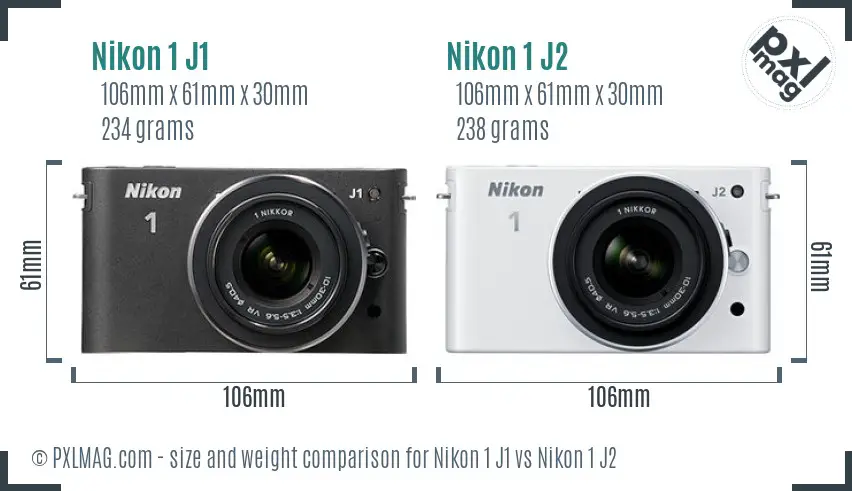 Nikon 1 J1 vs Nikon 1 J2 size comparison