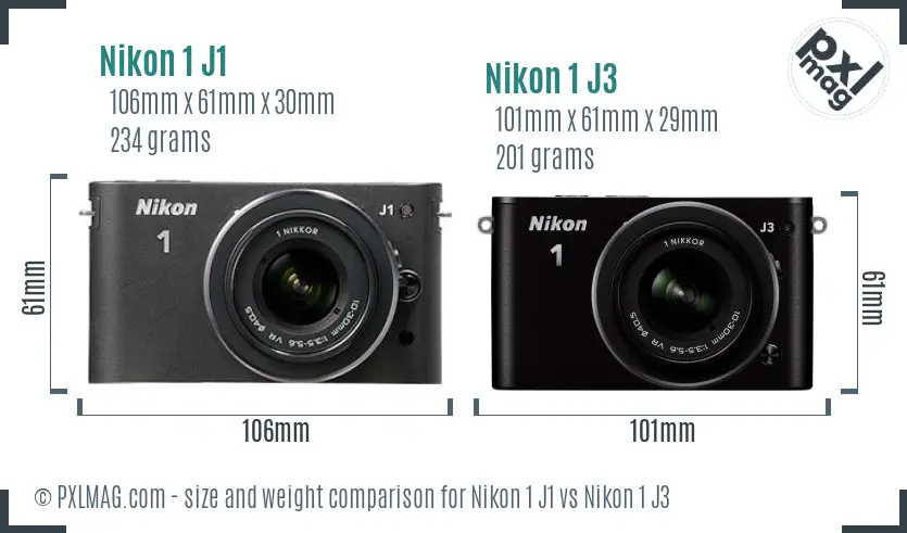 Nikon 1 J1 vs Nikon 1 J3 size comparison