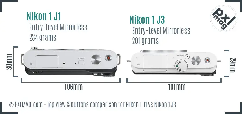 Nikon 1 J1 vs Nikon 1 J3 top view buttons comparison