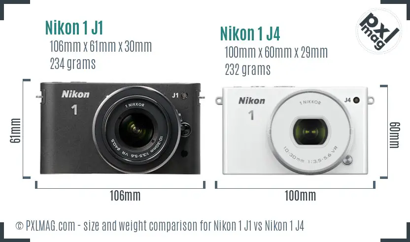 Nikon 1 J1 vs Nikon 1 J4 size comparison