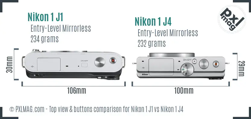 Nikon 1 J1 vs Nikon 1 J4 top view buttons comparison