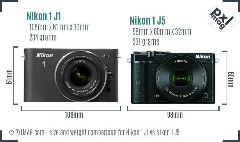 Nikon 1 J1 vs Nikon 1 J5 size comparison