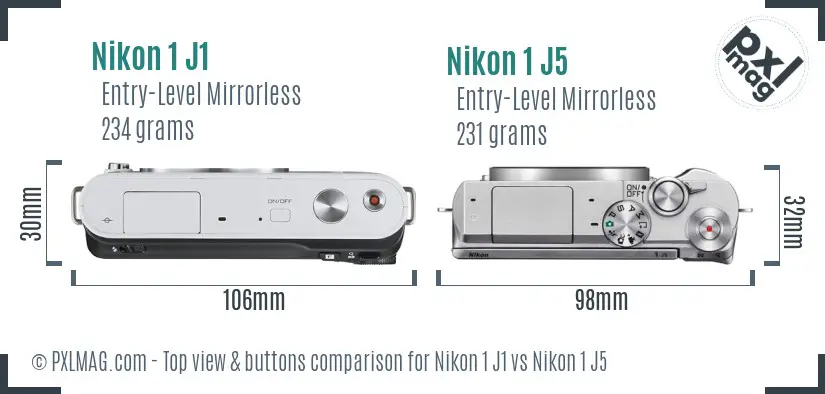 Nikon 1 J1 vs Nikon 1 J5 top view buttons comparison
