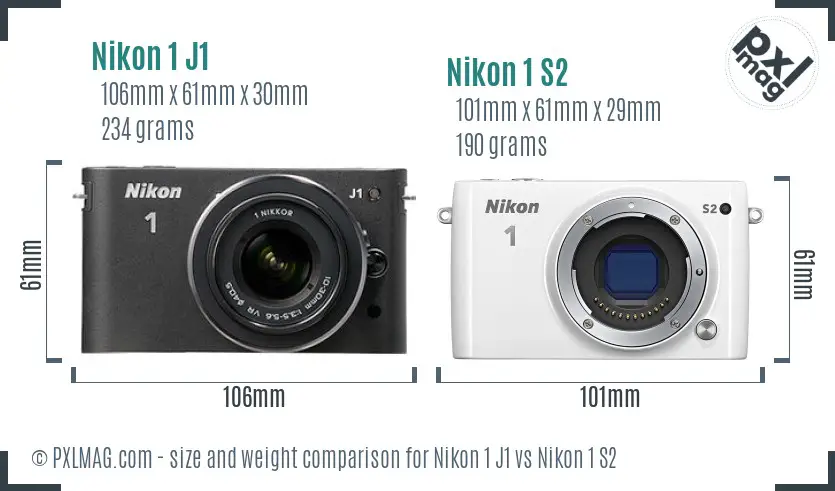 Nikon 1 J1 vs Nikon 1 S2 size comparison