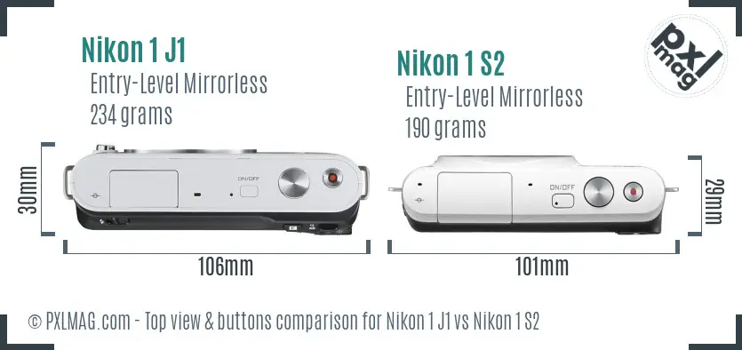 Nikon 1 J1 vs Nikon 1 S2 top view buttons comparison