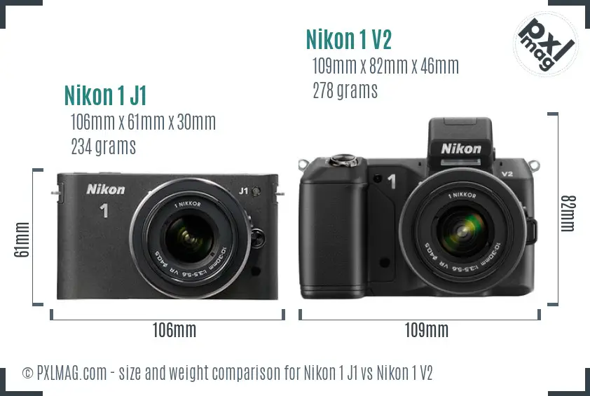 Nikon 1 J1 vs Nikon 1 V2 size comparison