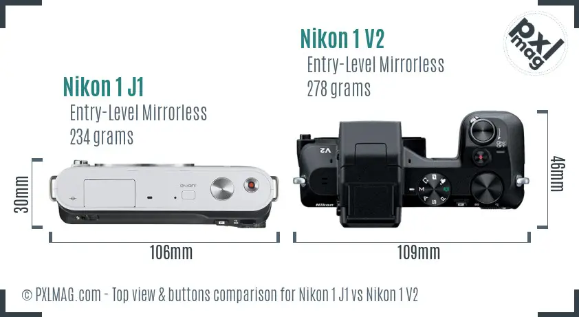 Nikon 1 J1 vs Nikon 1 V2 top view buttons comparison