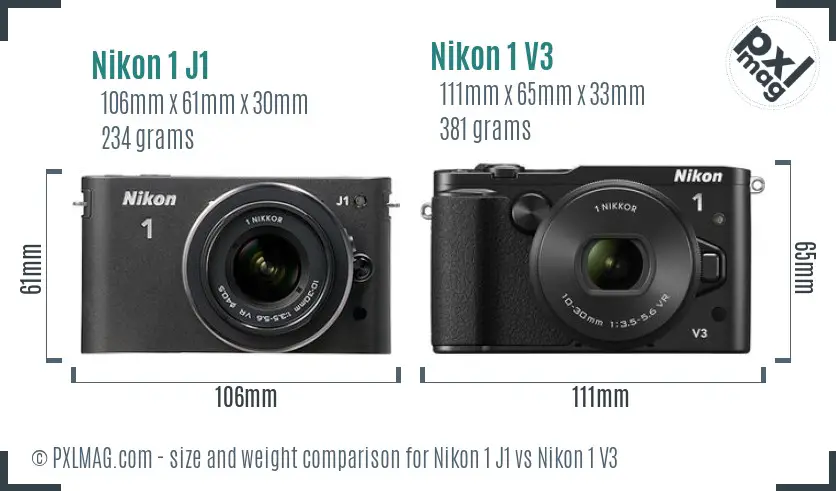 Nikon 1 J1 vs Nikon 1 V3 size comparison