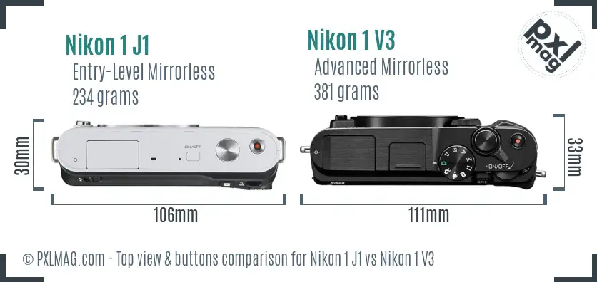 Nikon 1 J1 vs Nikon 1 V3 top view buttons comparison