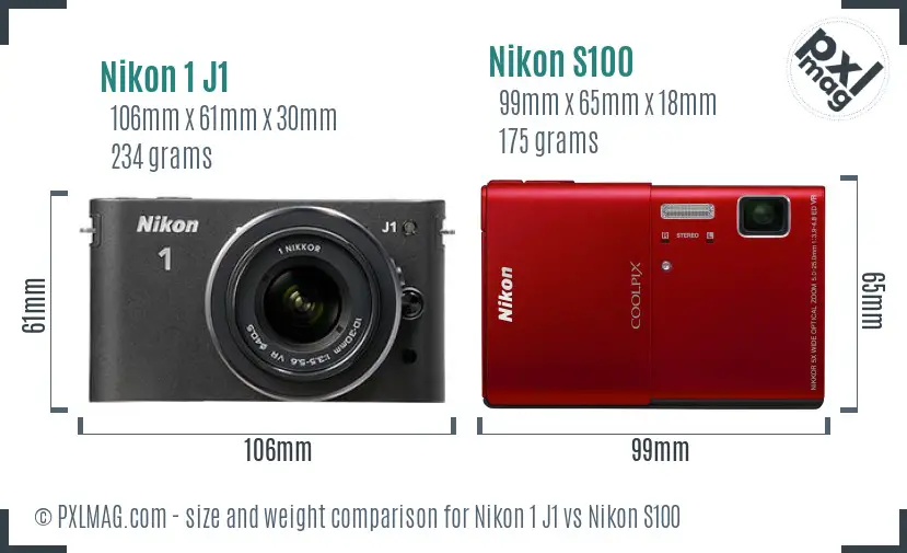 Nikon 1 J1 vs Nikon S100 size comparison