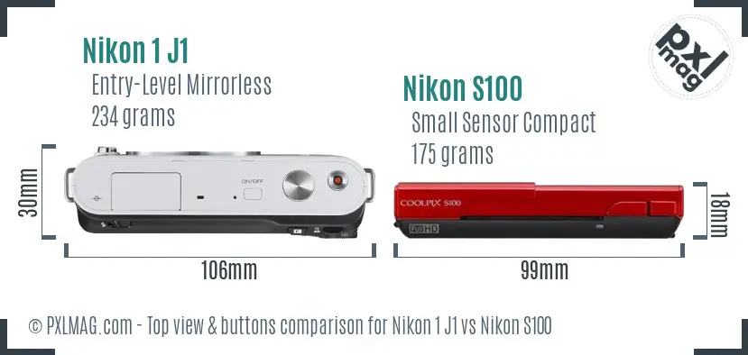 Nikon 1 J1 vs Nikon S100 top view buttons comparison