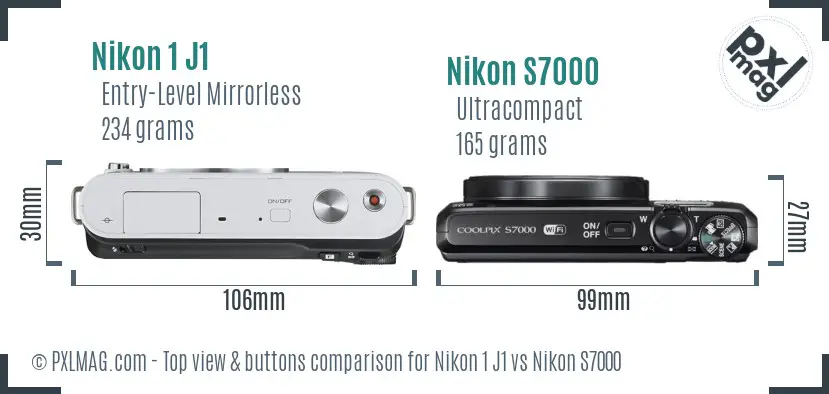 Nikon 1 J1 vs Nikon S7000 top view buttons comparison
