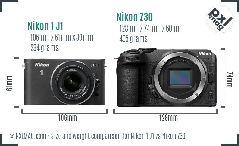 Nikon 1 J1 vs Nikon Z30 size comparison