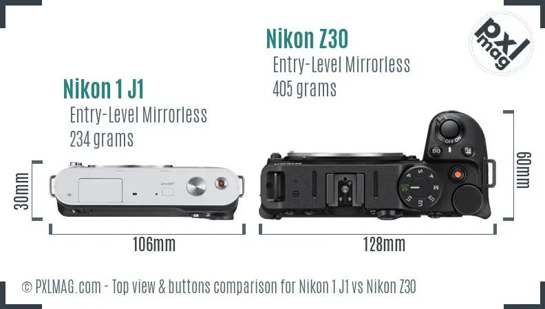 Nikon 1 J1 vs Nikon Z30 top view buttons comparison