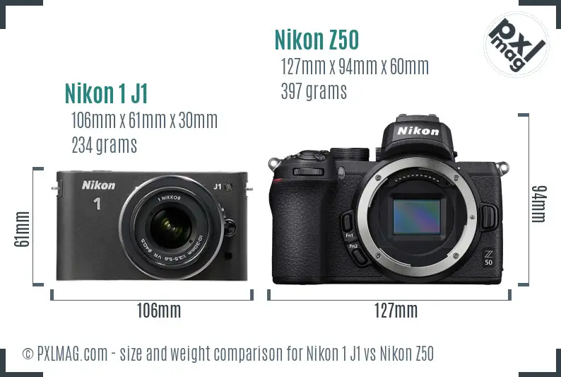 Nikon 1 J1 vs Nikon Z50 size comparison