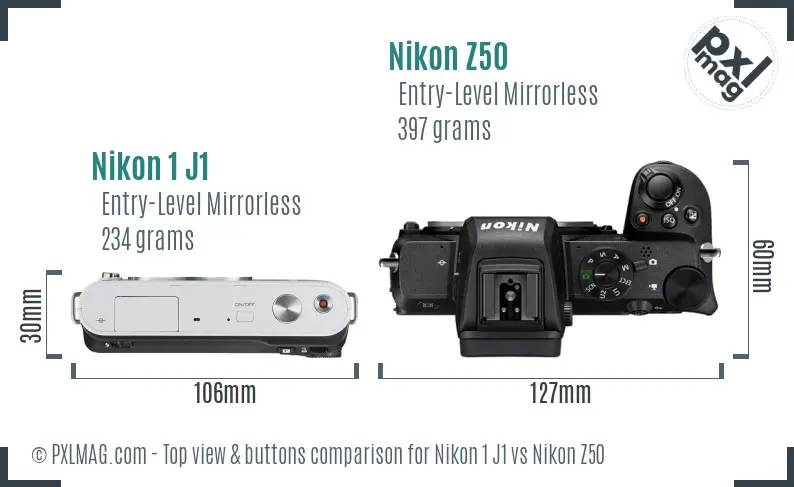 Nikon 1 J1 vs Nikon Z50 top view buttons comparison