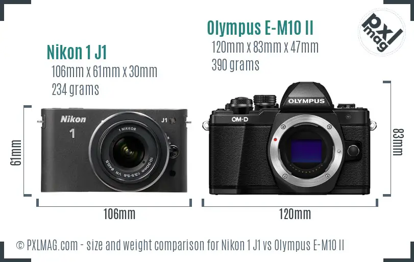 Size comparison between Nikon 1 J1 and Olympus OM-D E-M10 II