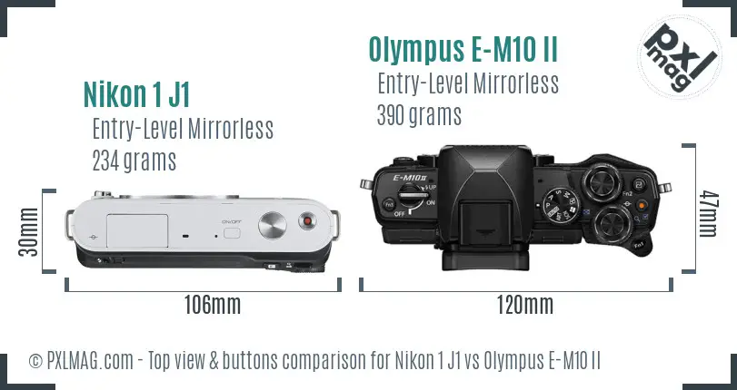 Top view of Nikon 1 J1 and Olympus OM-D E-M10 II control layouts