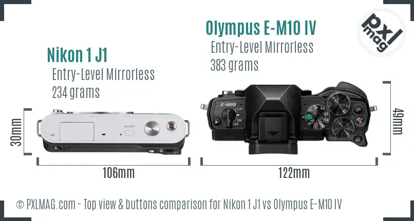 Nikon 1 J1 vs Olympus E-M10 IV top view buttons comparison
