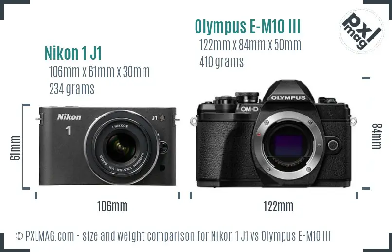 Nikon 1 J1 vs Olympus E-M10 III size comparison