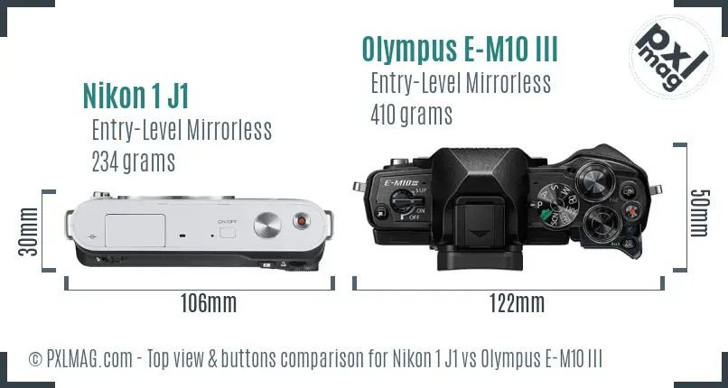 Nikon 1 J1 vs Olympus E-M10 III top view buttons comparison