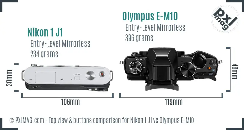 Nikon 1 J1 vs Olympus E-M10 top view buttons comparison