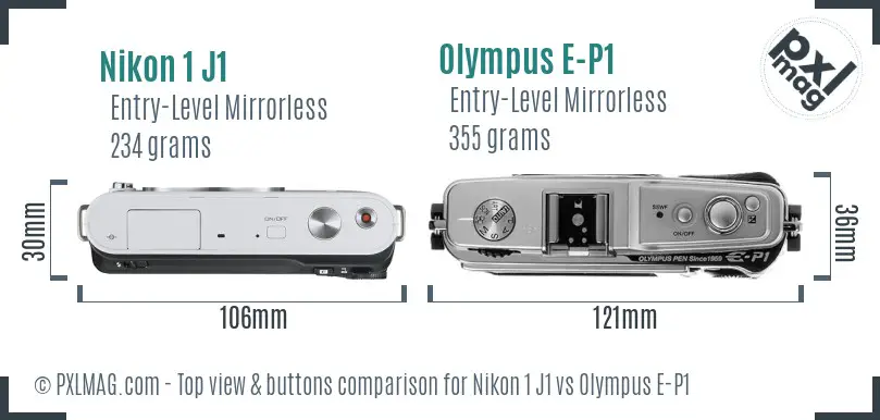 Nikon 1 J1 vs Olympus E-P1 top view buttons comparison