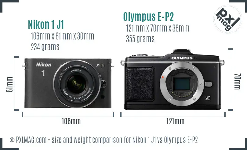 Nikon 1 J1 vs Olympus E-P2 size comparison Nikon 1 J1 vs Olympus E-P2 size comparison