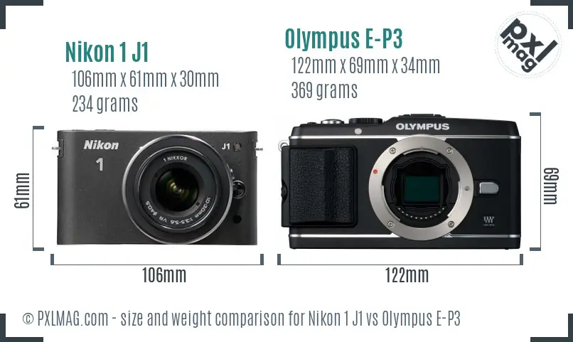 Nikon 1 J1 vs Olympus E-P3 size comparison