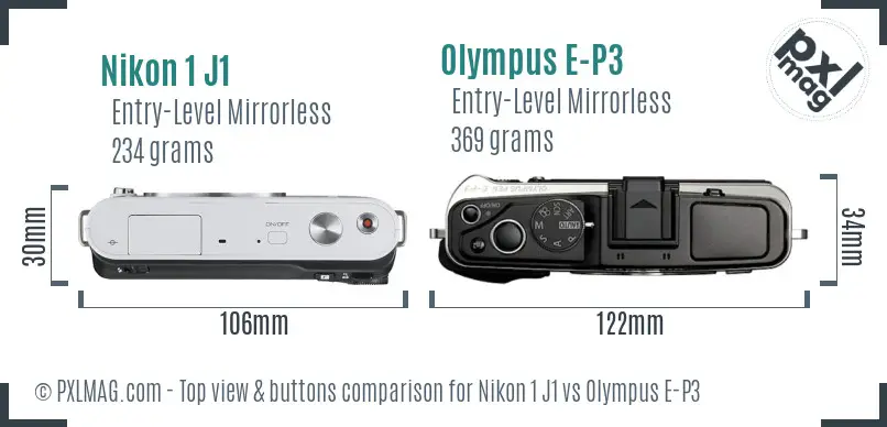 Nikon 1 J1 vs Olympus E-P3 top view buttons comparison