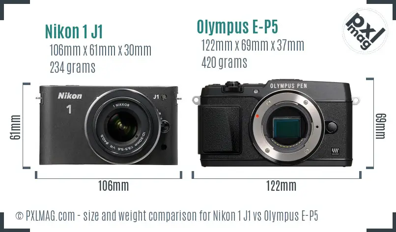 Nikon 1 J1 vs Olympus E-P5 size comparison