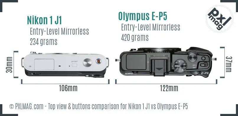 Nikon 1 J1 vs Olympus E-P5 top view buttons comparison