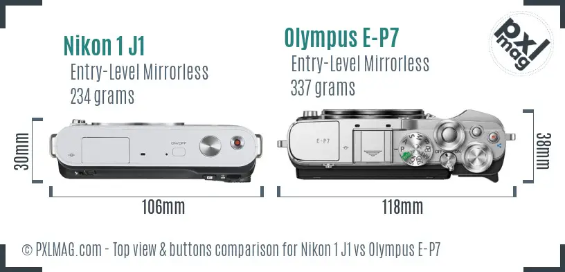 Nikon 1 J1 vs Olympus E-P7 top view buttons comparison