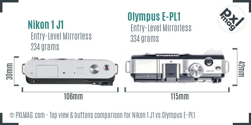 Nikon 1 J1 vs Olympus E-PL1 top view buttons comparison