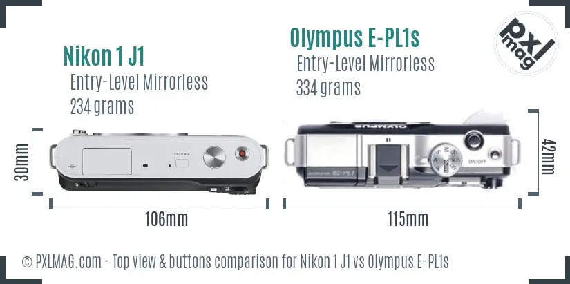 Nikon 1 J1 vs Olympus E-PL1s top view buttons comparison