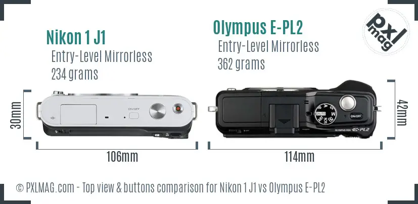 Nikon 1 J1 vs Olympus E-PL2 top view buttons comparison